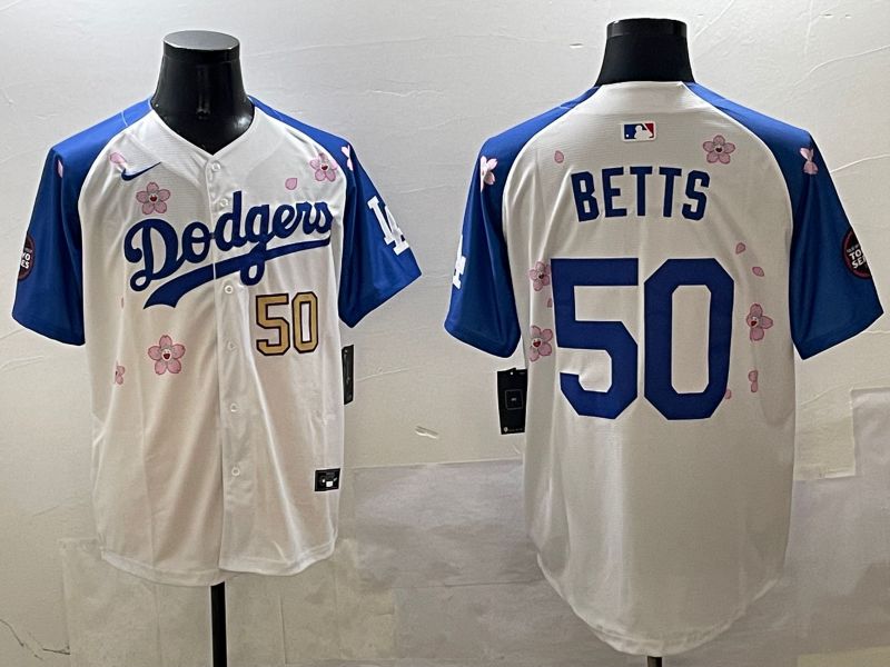 Men Los Angeles Dodgers 50 Betts White Blue Sakura Edition 2025 Nike MLB Jersey style 7